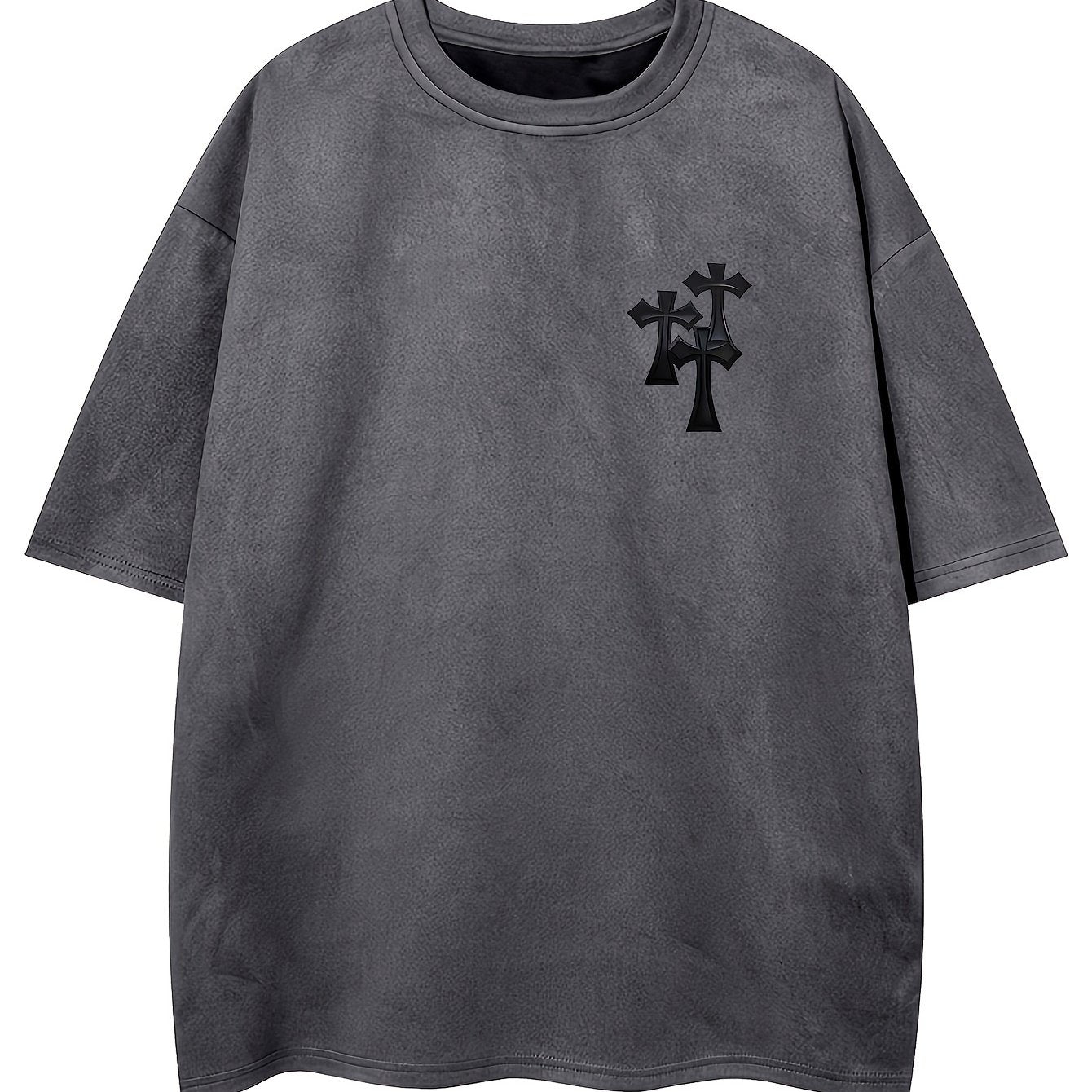 Men's Casual Black Suedette Short-Sleeve T-Shirt with Print Cross Design - Soft, Loose Fit, Round Neck, Summer Tee for Adults, Summer Casual Wear | Casual Shirt | Faux Suedette Texture
