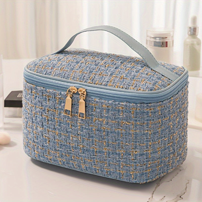 Elegant Plaid Cosmetic Bag - Large Capacity Travel Makeup Organizer with Dual Zippered Compartments, Portable Toiletry Storage in Light Blue/White/Pink/Red/Navy/Black, Polyester Material, Hand Wash or Dry Clean, Toiletry Trav