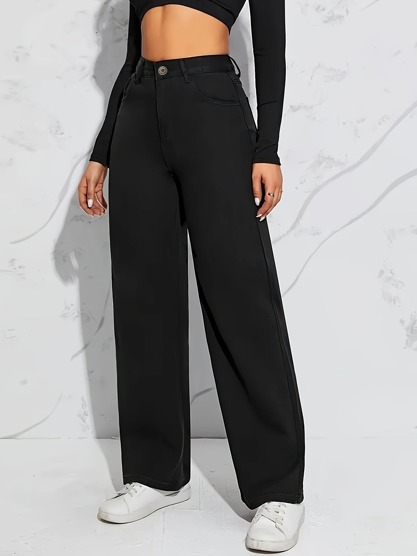 Women's High-Waisted Wide Leg Jeans, Fabric Blend, Polyester, Viscose, Classic Style, Machine Washable, No Stretch, Solid Color, Four Seasons, Zipper Closure, Casual Outwear