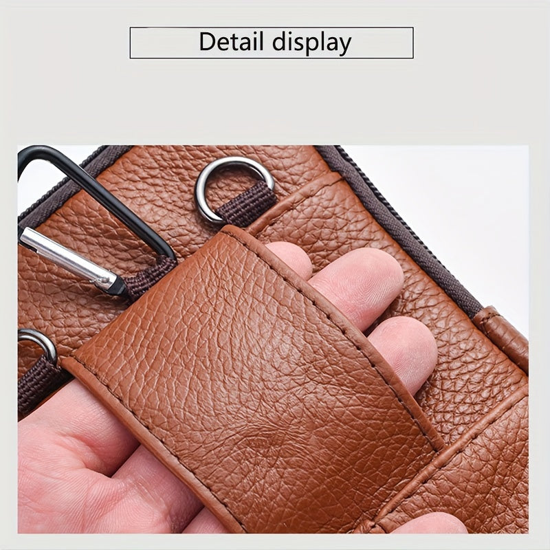 1pc Genuine Leather Cowhide Men's Waist Bag, Multi-Functional Zippered Phone Pouch with Adjustable Strap and Spacious Compartments for Work & Daily Use, Casual Style Top Layer Leather Fanny Pack