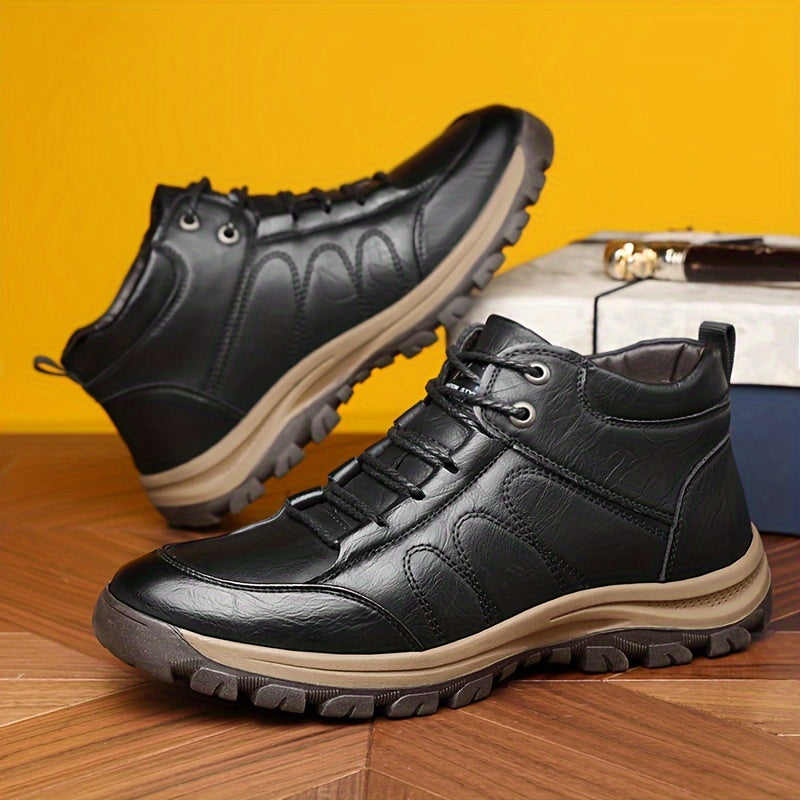 Men'S Stylish Black Leather High-Top Boots - Casual, Fashionable, Business-Ready with Lace-Up Closure, Rubber Sole, and Round Toe Design for Winter Sports and Daily Wear, Winter Boots|Stylish High Boots|Laceup Boots