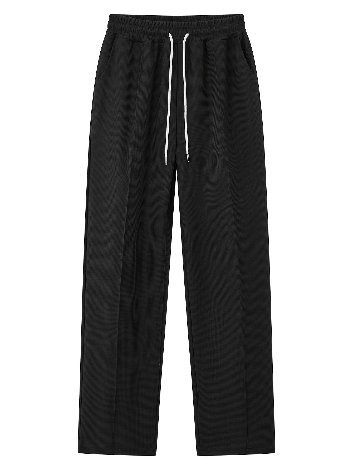 Men's 2pcs Waffle Knit Casual Outfit: Zip-Up Short Sleeve Collared Shirt & Drawstring Pants - Black, Polyester Blend, Ideal for Casual Attire in Spring/Summer