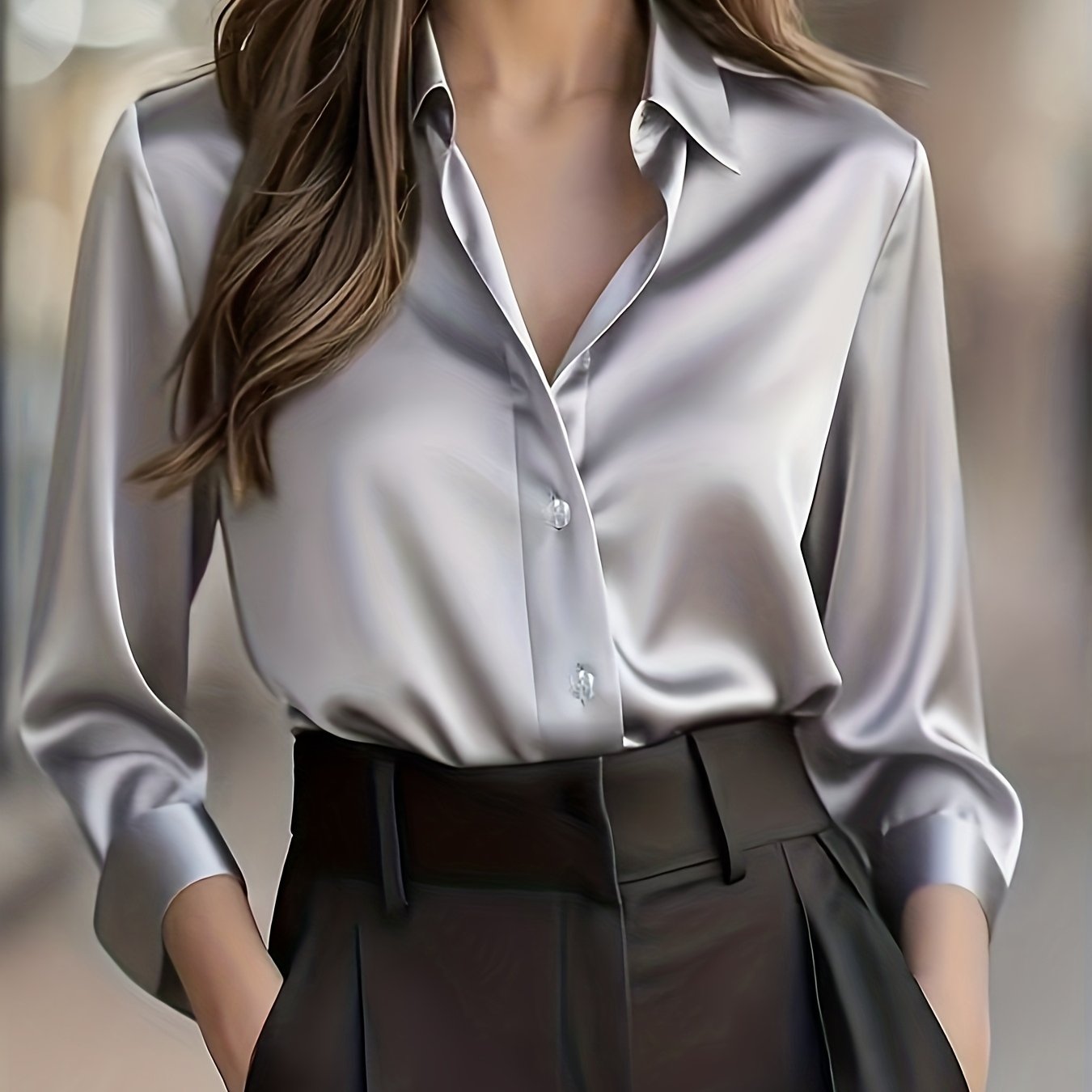 Women's Elegant All-Season Glossy Shirt Jacket - Collar -Front Closure, Solid Brown (Copper/Black) - Tailored Blazer for, Office & Formal Events - Machine Washable Non-Stretch Professional Outerwear