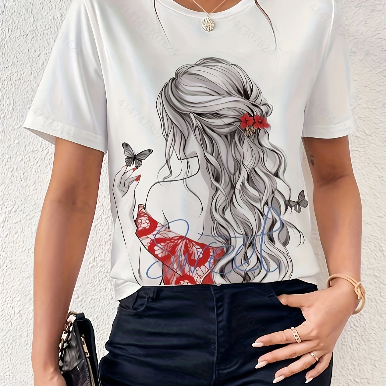 Women'S Casual Summer T-Shirt with Vibrant Floral Print, Short Sleeve Round Neck Tee, Lightweight Polyester Fabric, Black Pants & Accessories, Butterfly Design, Butterfly Shirt
