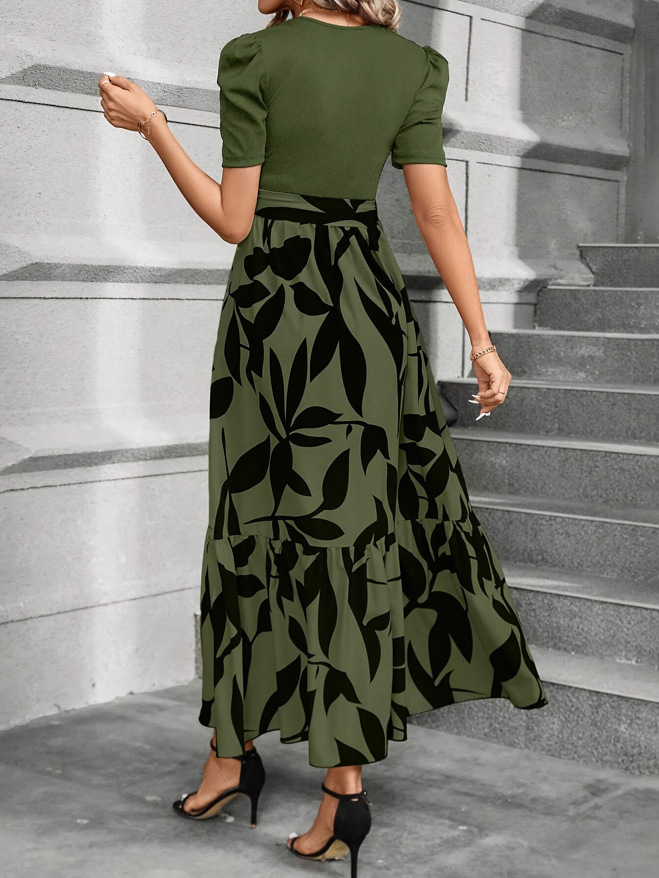 Print Midi Dress with Belt - Crew Neck, Short Sleeve, Non-Stretch Polyester - Machine Washable - Perfect for All Seasons