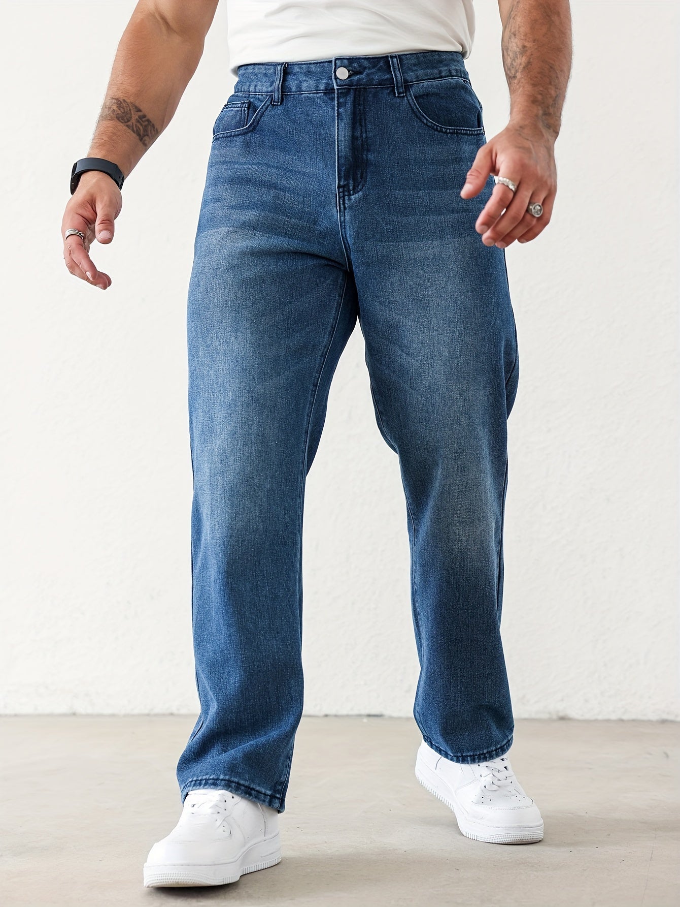 Men's Classic Straight-Leg Jeans - Casual Denim with Pockets, Machine Washable, All-Season Comfort