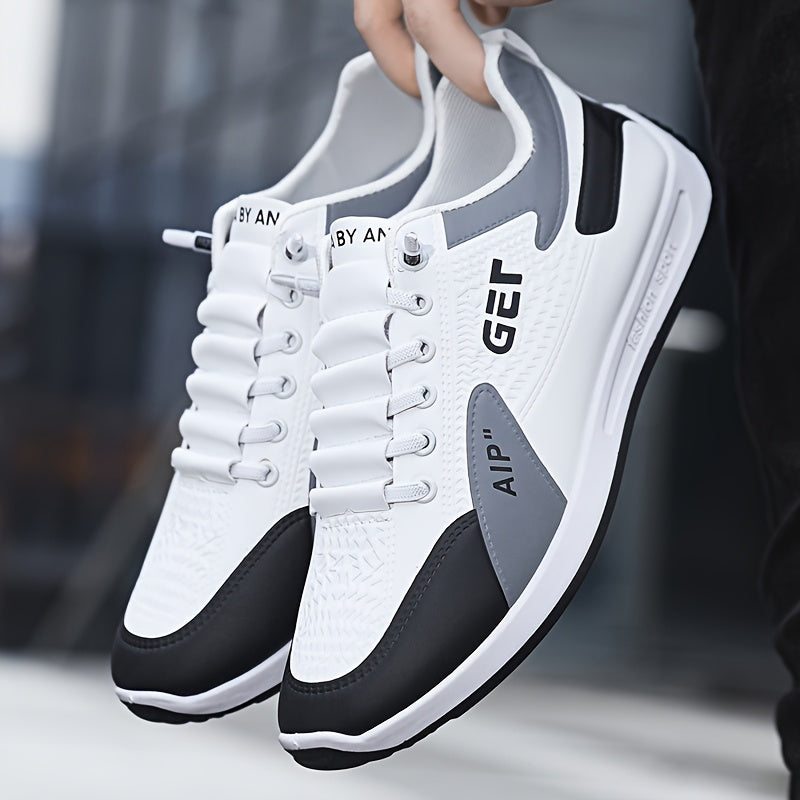 Men's White/Grey/Black Casual Sneakers - Low-Top Lace-Up Shoes with Cushioned Rubber Sole, PU Upper Fabric Lining - Lightweight Everyday Walking Shoes for Gym, Office, Travel - Minimalist Athletic Footwear, Shoes Sneakers,