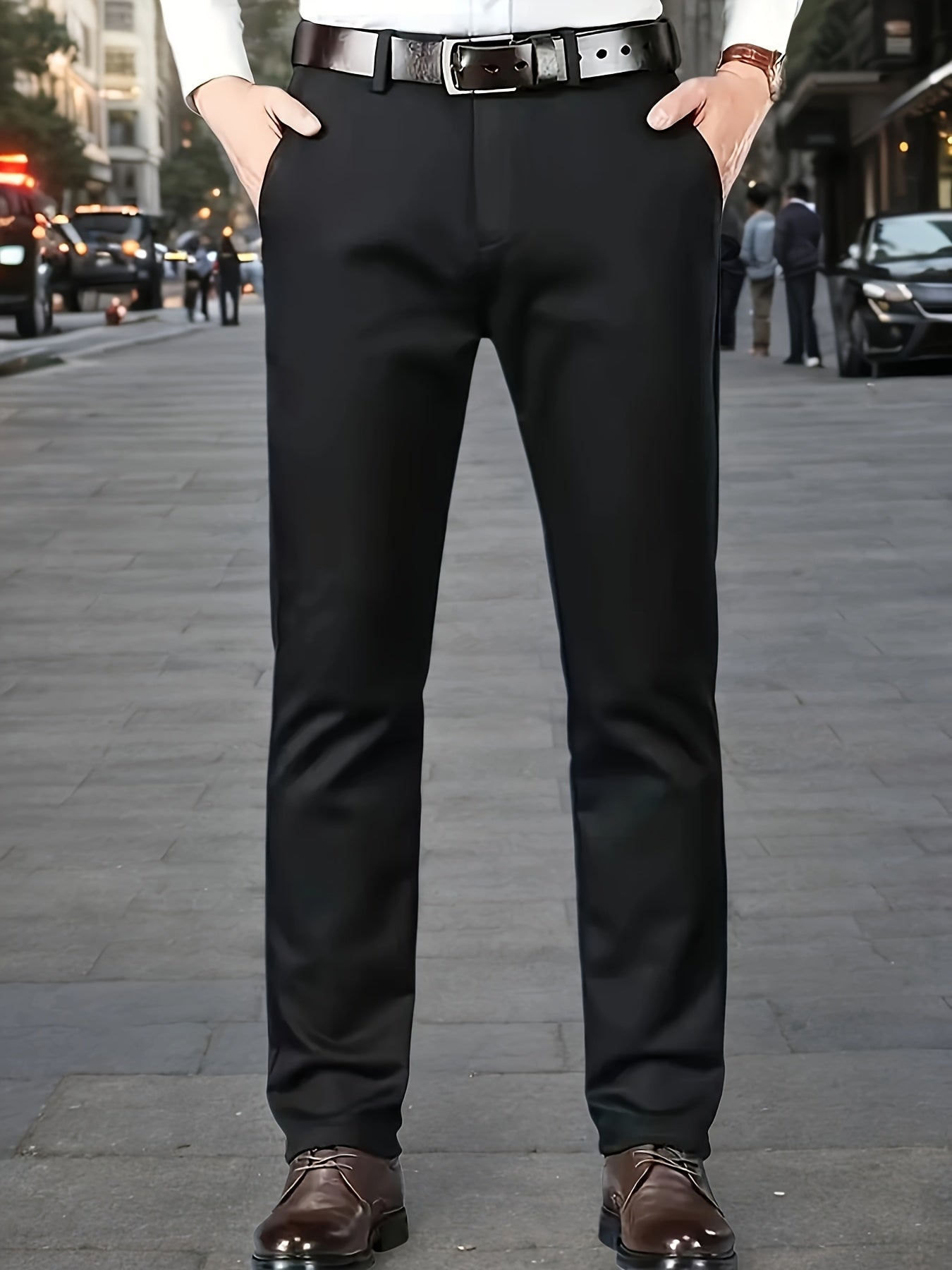 Men's Sleek Stretch Dress Pants - Solid Color Black, Comfort Fit with Subtle Stretch, Polyester Fabric, Mid-Rise, Machine Washable, Perfect for Business Casual & All-Season Wear, Business Casual Pants | Sleek Trousers | Easyc
