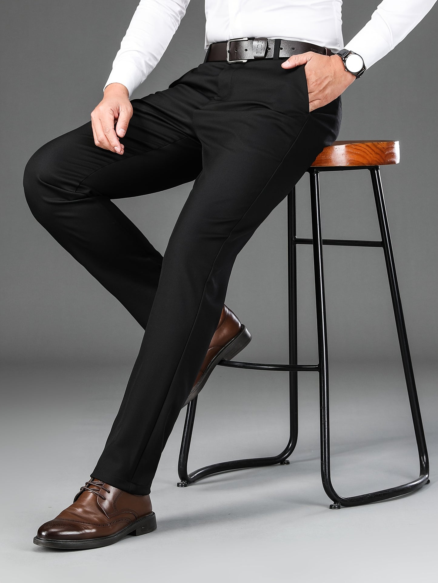 Men's Classic Solid Color Dress Pants - Comfort Fit, All-Season Polyester Blend, Machine Washable - Perfect for Business & Casual Wear
