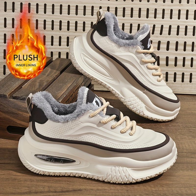 's Winter Snow Traction Shoes with -Like Collar - -Skid Low-Top, PU Upper & PVC Sole - Red/Navy/Beige/White Colorway for Ice Skating, Snow Walking, Casual Winter Wear (Warm Lace-Up Sneakers)