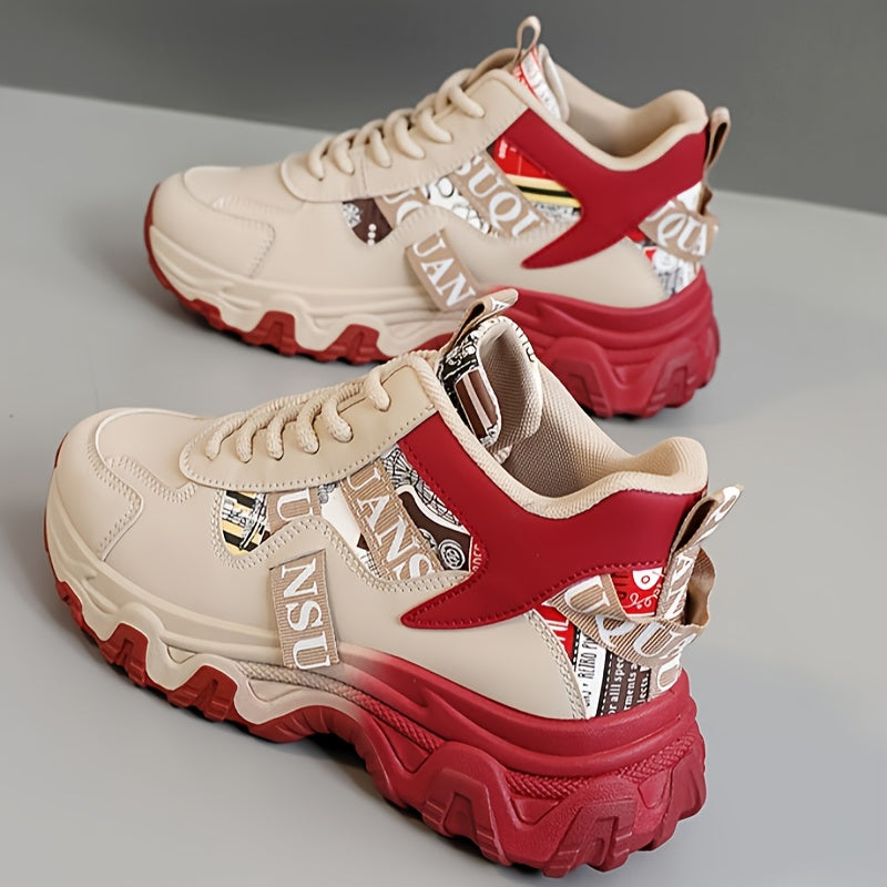 Women's Breathable Lightweight Running Shoes - Trendy Color Block Design with "NO Fear Limits" Print, Casual Athletic Sneakers, Lace-Up Closure, Beige Red Upper, Rubber Sole, All-Season Wear, Ladies Sneakers, Sporty Lifesty