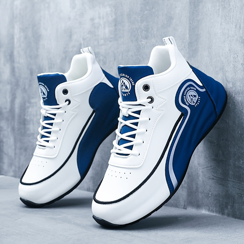 Men'S Lightweight Breathable Running Shoes - Classic Low-Top Design with Thick Cushioned Sole, White Navy Blue Striped Graphic Pattern, Lace-Up Closure for Hiking, Casual Outdoor Wear - Spring/Fall Fashion Sneakers, Hik