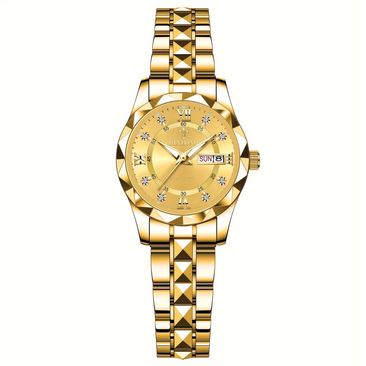 BINBOND Women's Light Luxury Quartz Watch with Night Glow, Double Calendar, Stainless Steel Band & Blue Dial - Elegant Casual & Formal Watch for Casual Attire