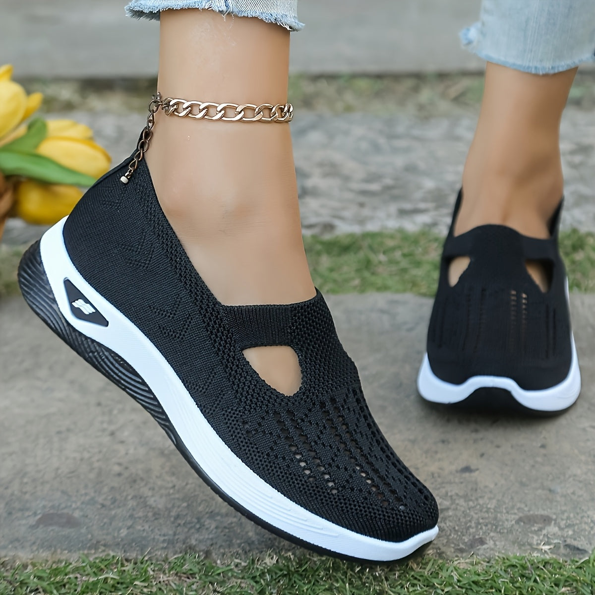 Women's Breathable Mesh Sneakers - Comfort Slip-On Walking Shoes, Soft PVC Sole, Fabric Insole & Lining, Stability Support for Spring/Summer Outdoor Casual Wear, Spring Summer Footwear|Cut-Out Patterns|Fabric Upper Shoes