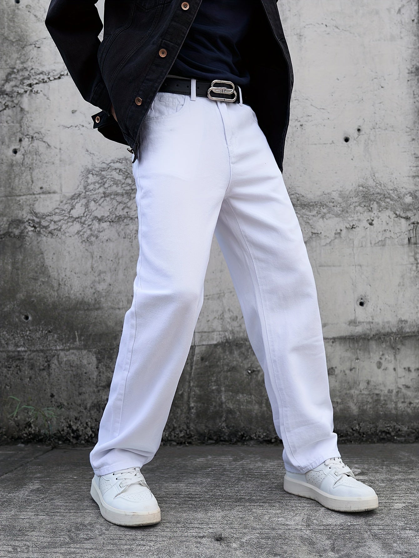 Men's Casual White Jeans - Loose Fit, Cotton, Machine Washable, Solid Color with Pockets, All-Season Wear