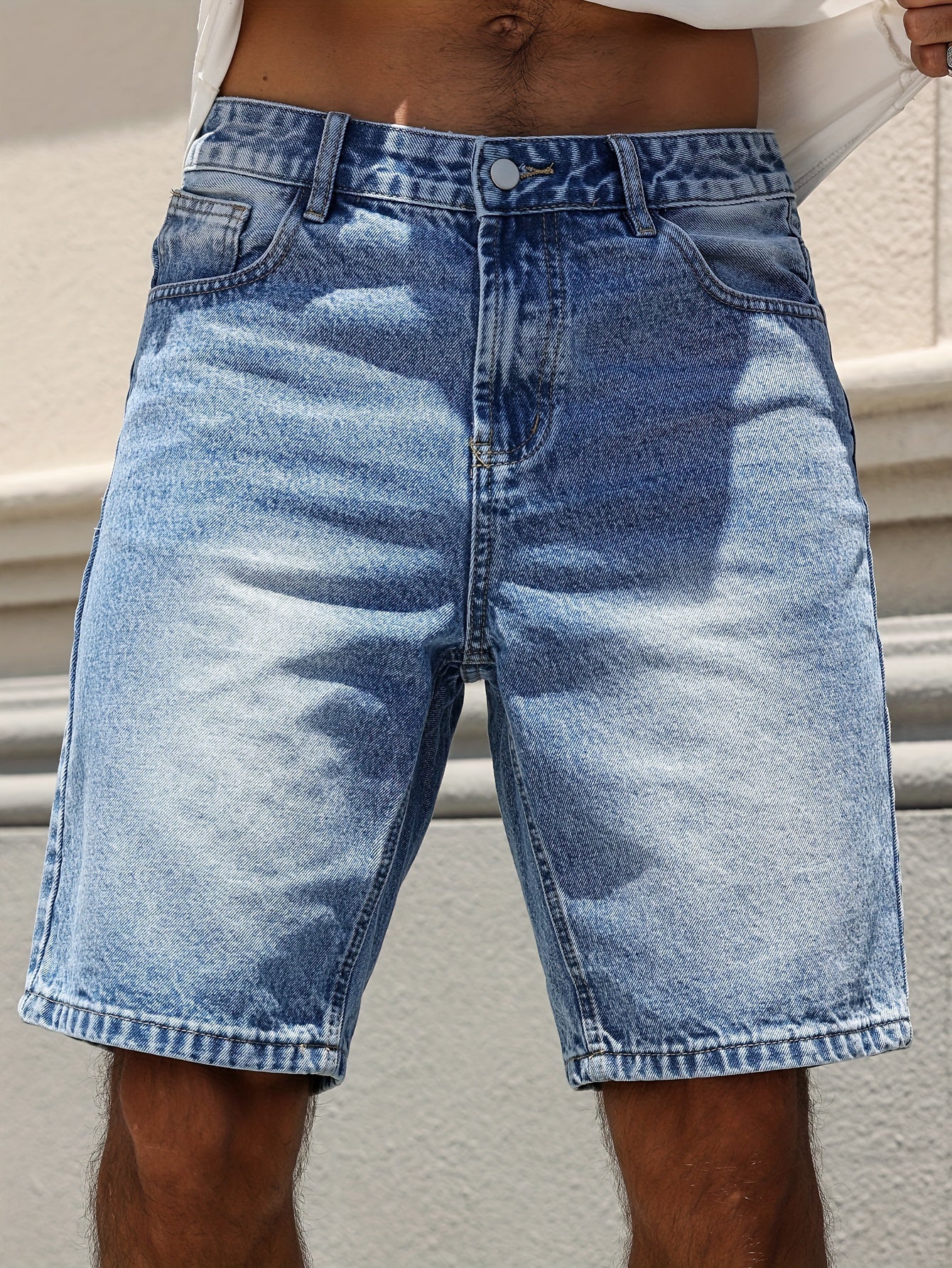 Men's Casual Denim Shorts - Knee-Length, Non-Stretch, Machine Washable - Perfect for Everyday & Leisure