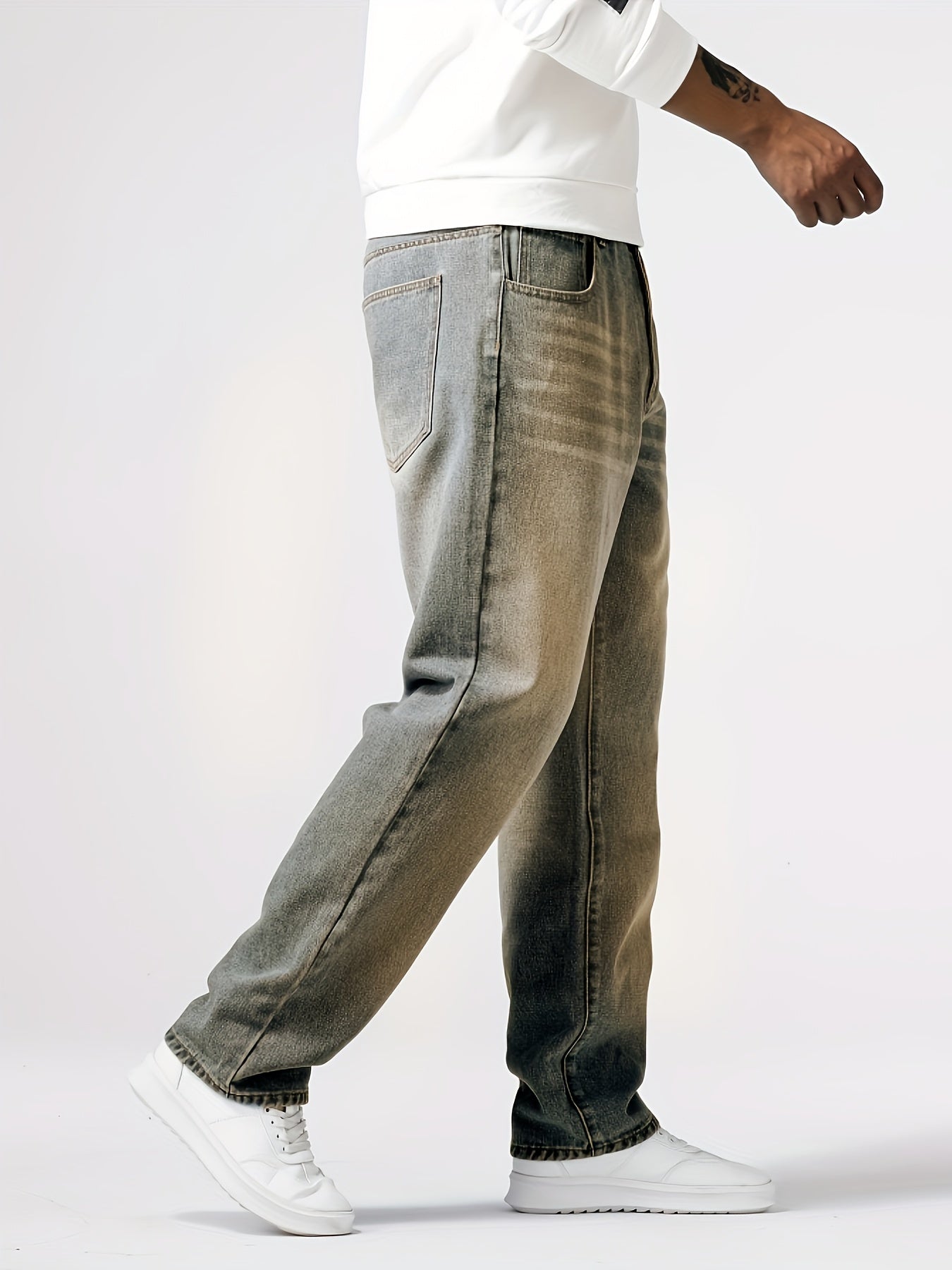 Men'S Loose Fit Straight Leg Jeans, Cotton 85% Polyester 15% Denim, Washed Solid Color Casual Style