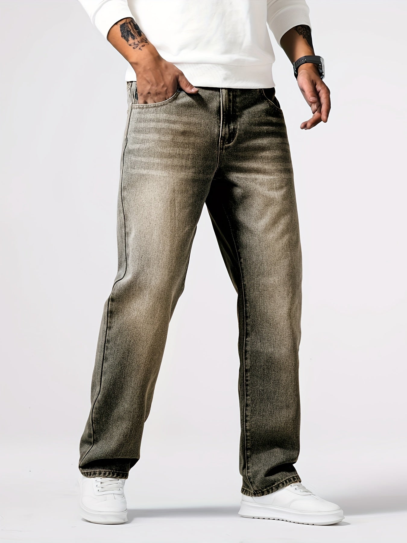 Loose Fit Straight Leg Jeans, Men's Casual Street Style Distressed Denim Pants For All Seasons