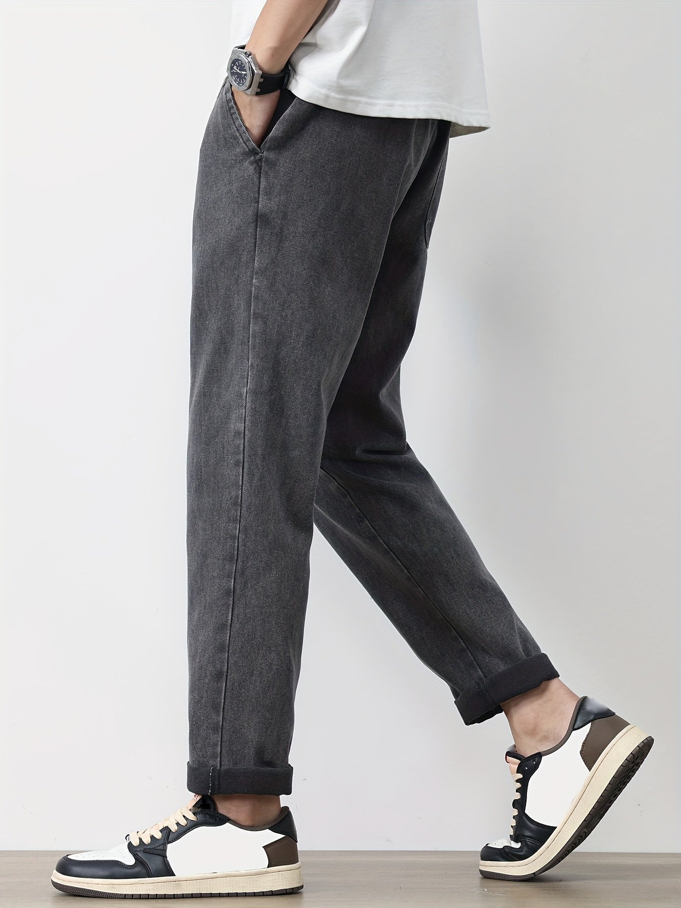Men's Solid Washed Denim Trousers With Pockets, Causal Drawstring Cotton Blend Barrel Jeans For Outdoor Activities