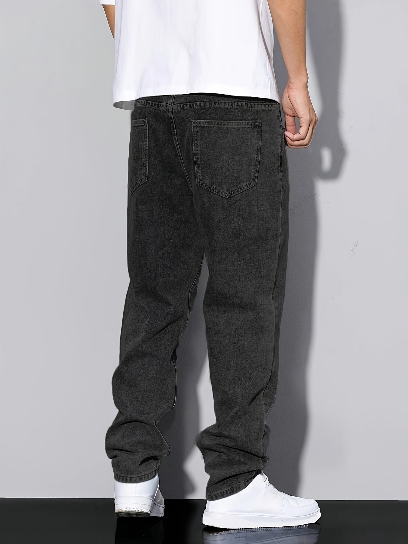 Men's Classic Straight Leg Denim Jeans - Loose Fit, Cotton Blend, Solid Color Black, Street Style, Comfortable & Versatile for All Seasons, Casual Streetwear|Street Style Pants|Nonstretch Fabric