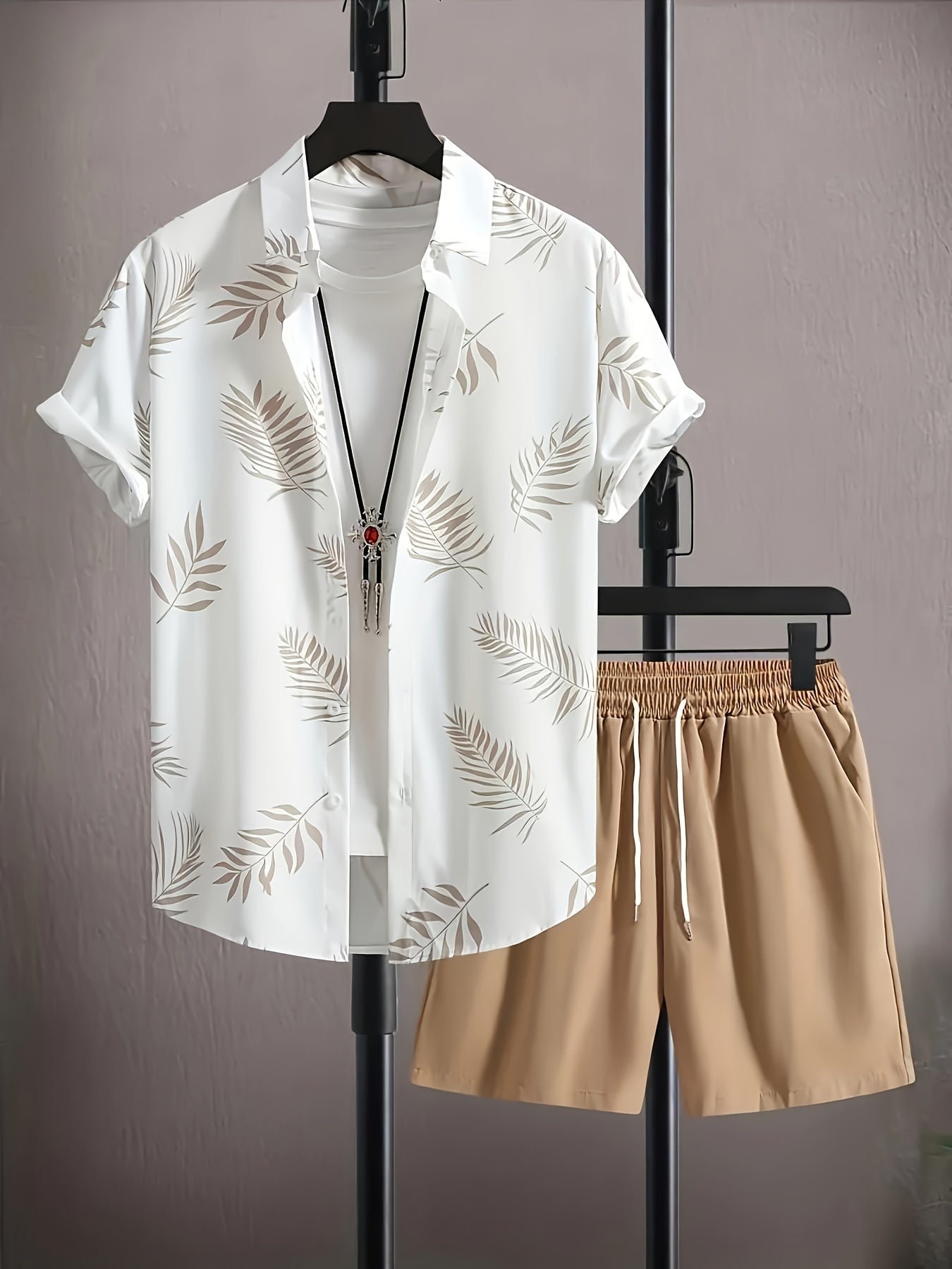 Men'S Casual Two-Piece Summer Outfit - Leaf Print Button-Up Shirt with Drawstring Shorts, Light Brown and White, Polyester, Relaxed Fit, Perfect for Beach or Casual Attire, Beach Attire|Tropical Print|Polyester Fabric