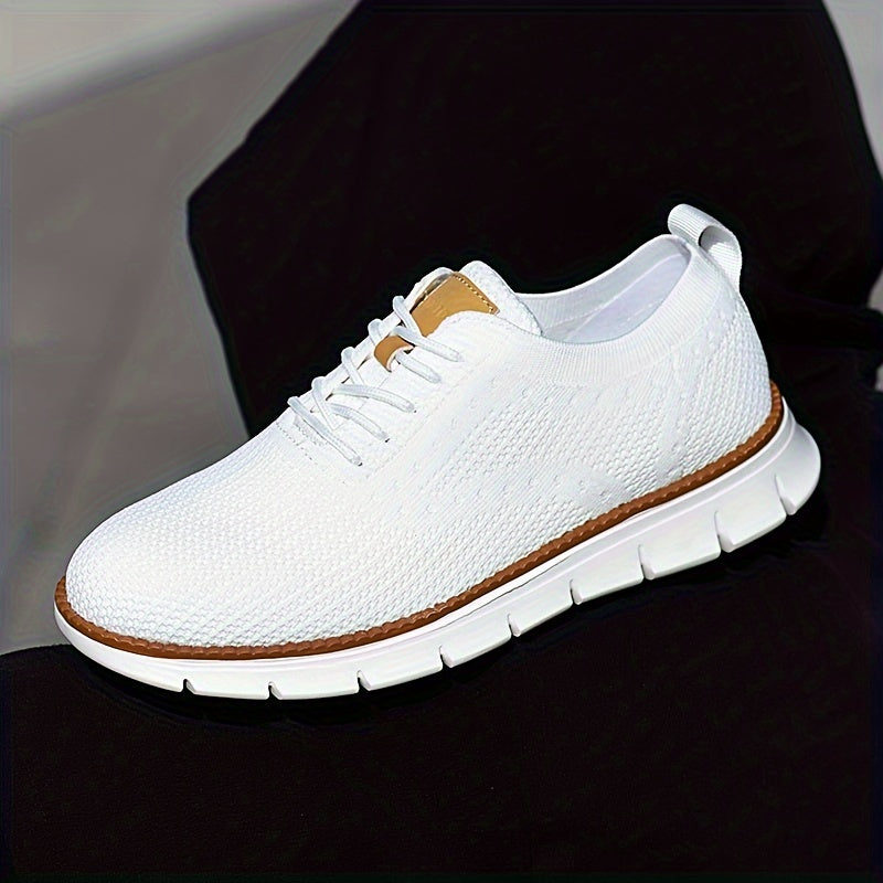 Men's Breathable Knit Business Casual Shoes - Beige with Brown Accents, Lace-Up, EVA Sole, Round Toe, Versatile for All Seasons, Dressy Shoes