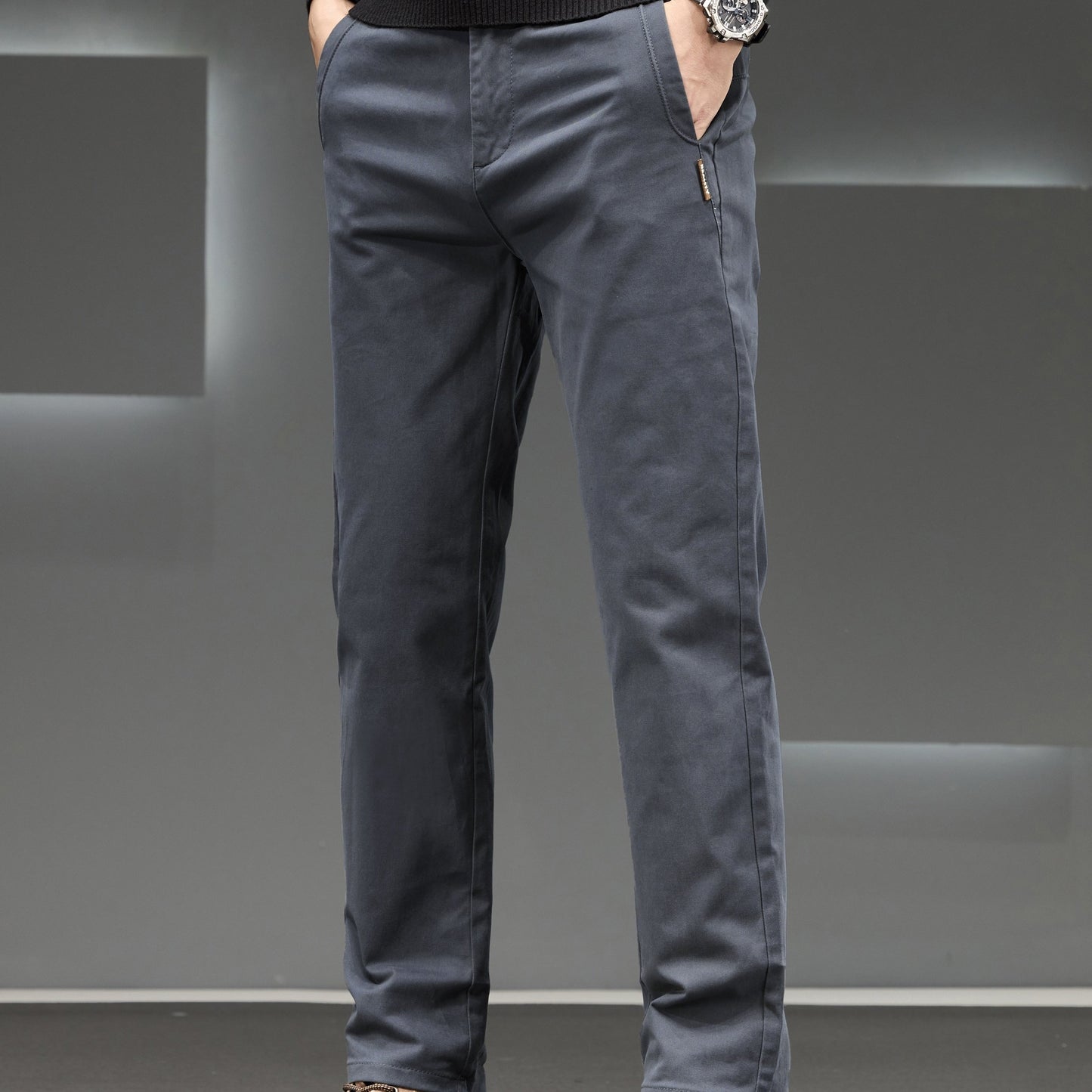 Men's Classic Business Trousers - Lightweight Polyester Straight-Leg Pants For Spring/Fall - Button Details - Non-Elastic Fabric - Solid Color - Regular Fit