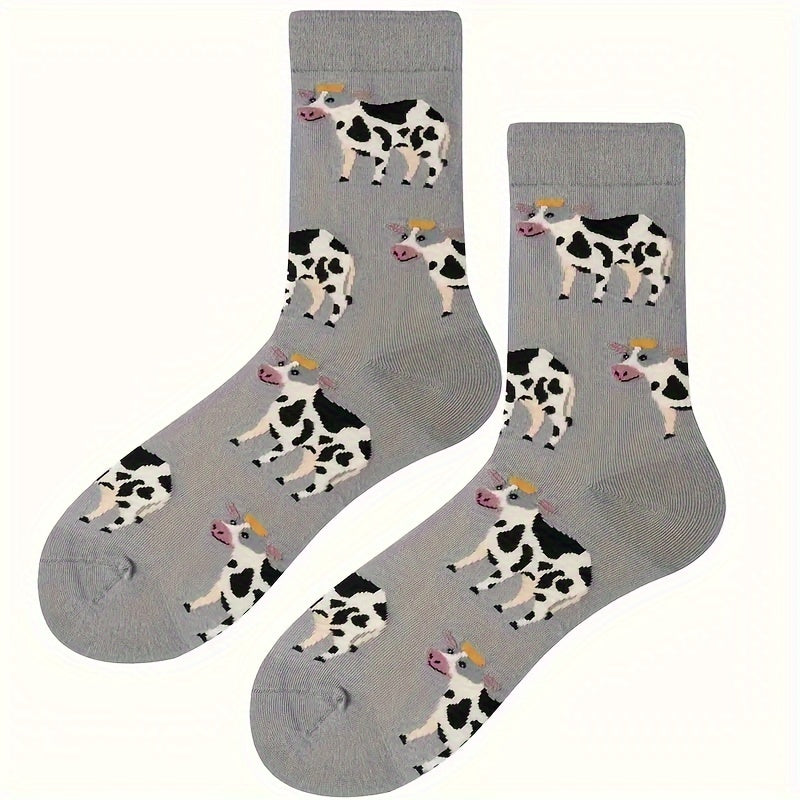 1 Pair Unisex Couple'S Knee-Length Socks, Grey Cow Print, 100% Polyester Knit Fabric, Animal Pattern, Hand Wash/Dry Clean