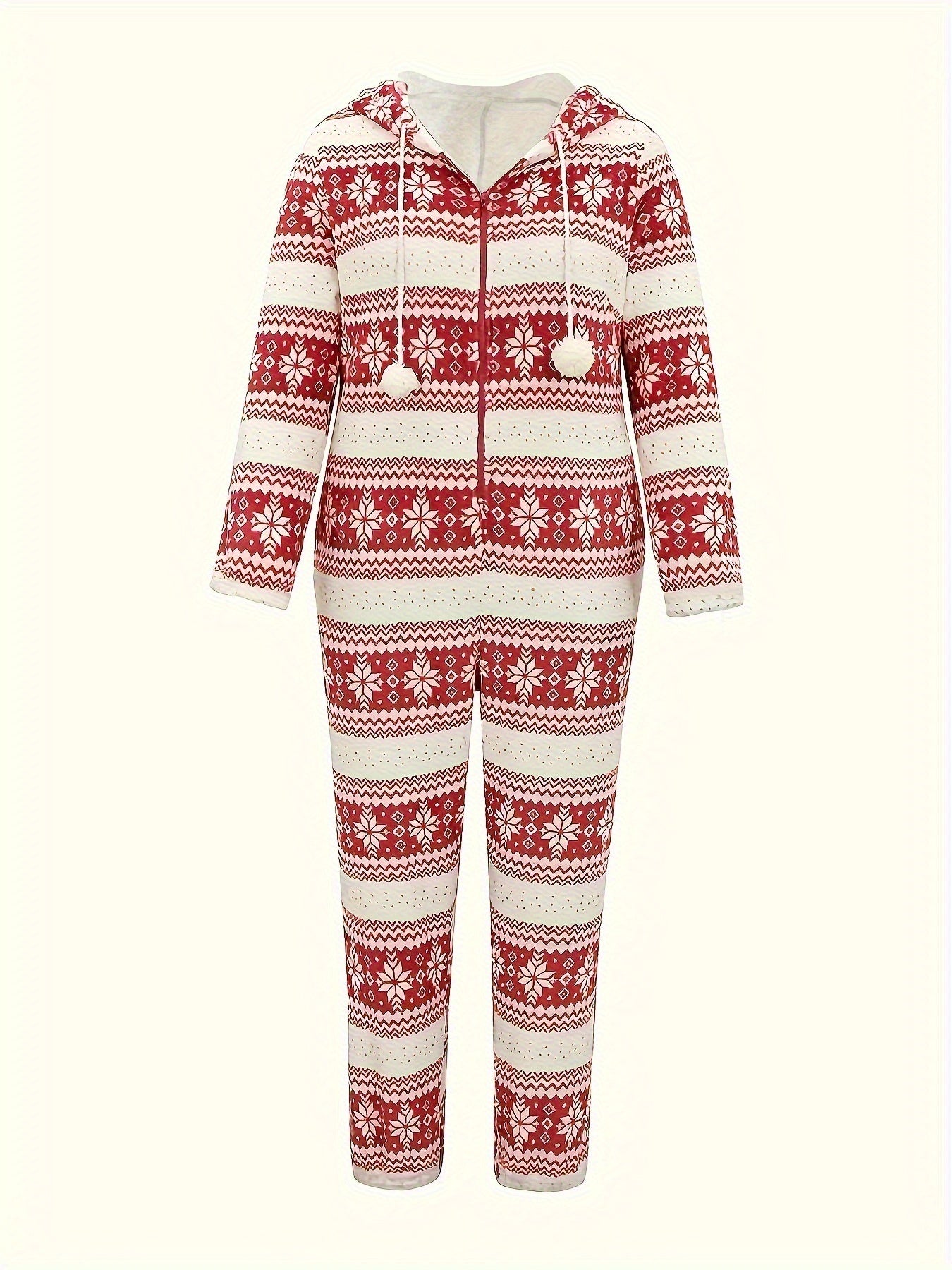 Women'S Cozy Red & White Geometric Print Jumpsuit - Casual Long Sleeve Romper with Drawstring Waist, Soft Stretchy Fabric, Perfect for Winter Lounging & Relaxing at Home, Comfortable Clothing | Relaxed Fit Jumpsuit | Medium E