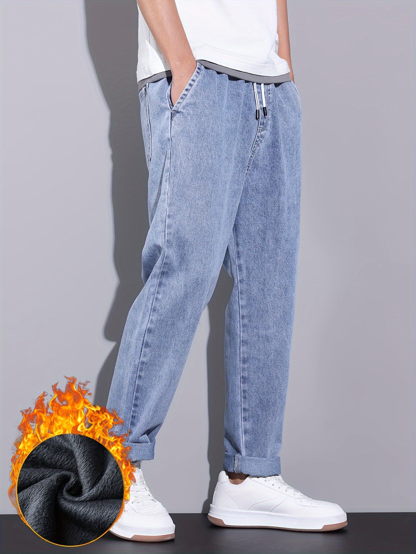 Men's Winter Fleece-Lined Jeans - Casual Straight Leg with Elastic Drawstring Waist, Warm & Stylish Streetwear Denim Pants