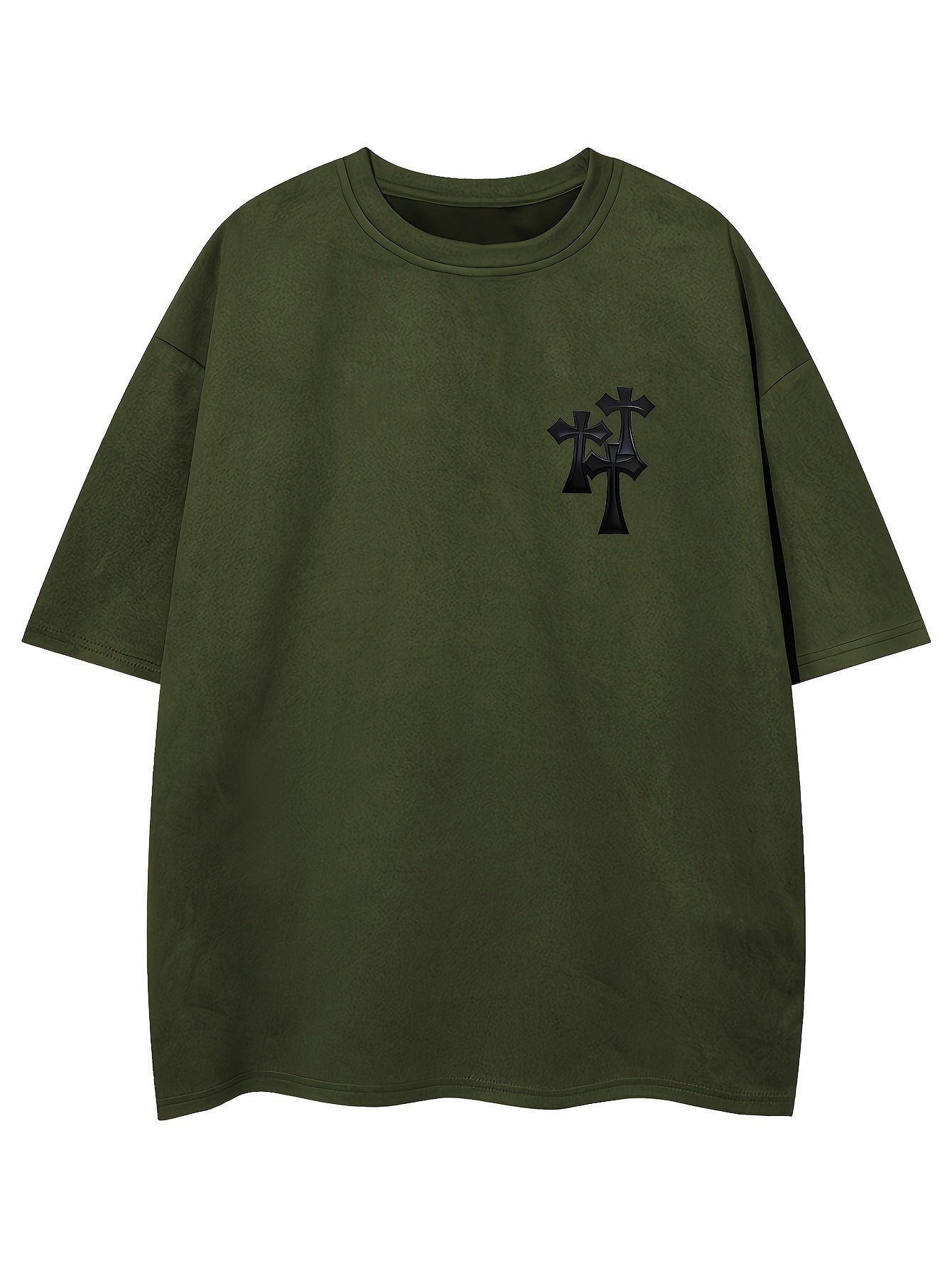 Men's Casual Black Suedette Short-Sleeve T-Shirt with Print Cross Design - Soft, Loose Fit, Round Neck, Summer Tee for Adults, Summer Casual Wear | Casual Shirt | Faux Suedette Texture