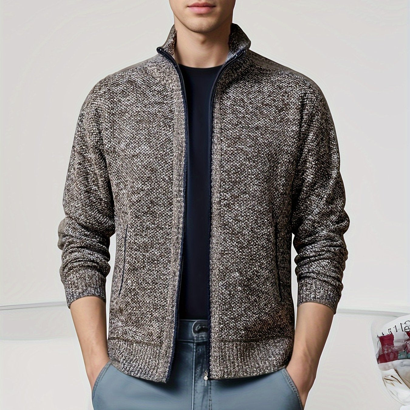 Men's Solid Fleece Knitted Cardigan With Pockets, Casual Long Sleeve Turtle Neck Zip Up Warm Sweater For Winter Fall Outdoor Activities