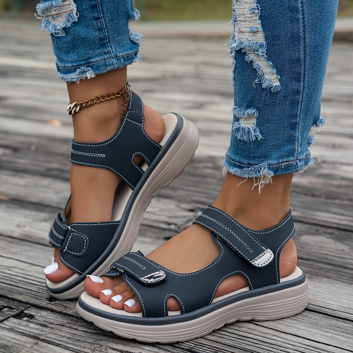 Non Slip Women's Platform Open Toe Sandals, Solid Color Ankle Buckle Strap Casual Outdoor Shoes