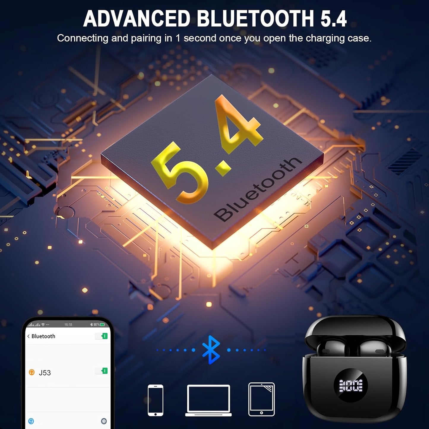 Wireless Earbuds, Bluetooth 5.4 Headphones Hifi Stereo, in Ear Earphones with 4 ENC Noise Cancelling Mics, 40H Playback Ear Buds with Mini Case, IP7 Waterproof Headset with LED Display, USB C Charging