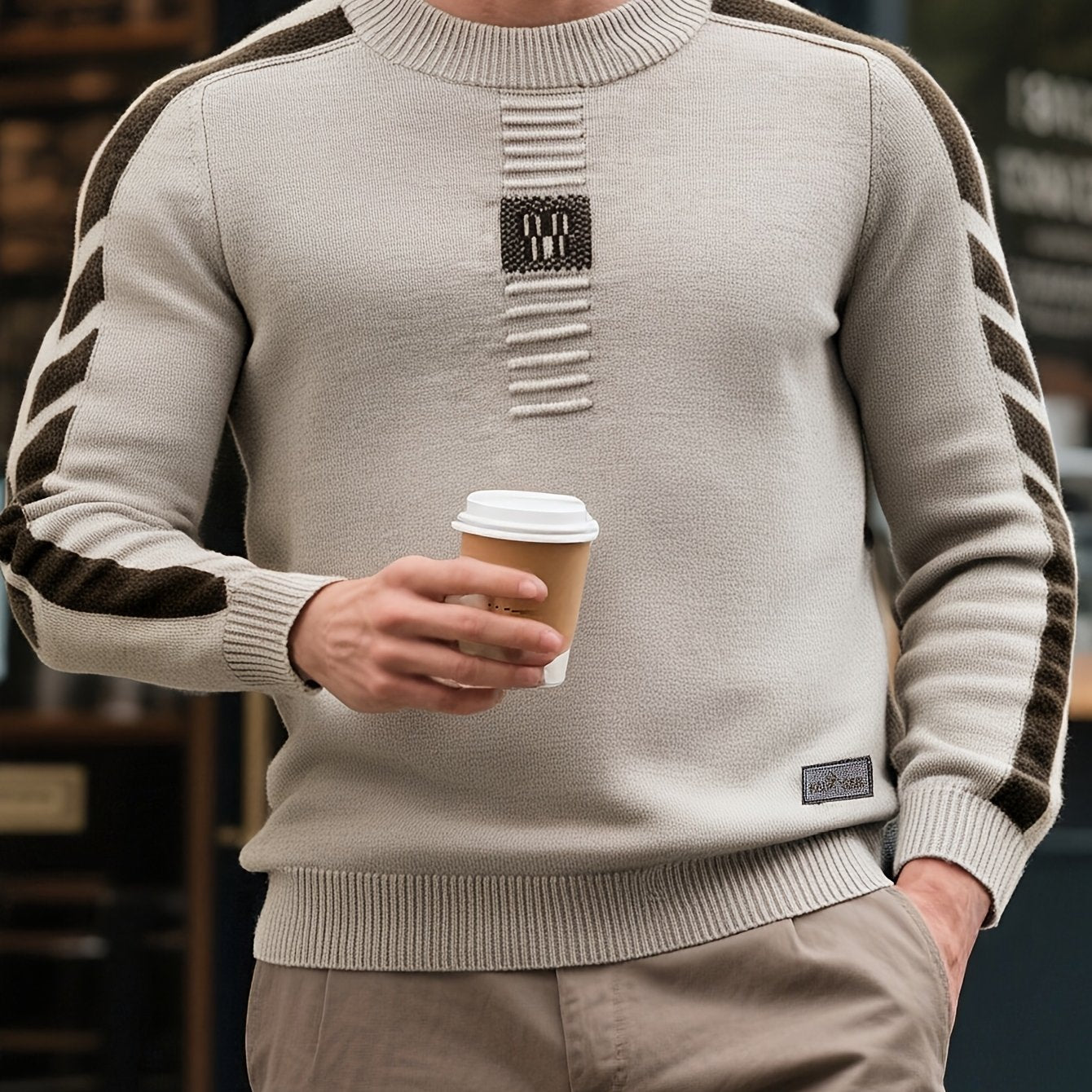 This Thick, Round-Neck Long-Sleeve Sweater for Men Features a Soft And Comfortable Design with Stylish Striped Edges, Perfect for Outdoor Gatherings And Everyday Wear, And Can Be Layered