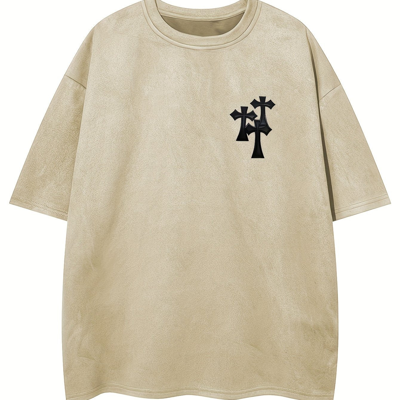 Men's Casual Black Suedette Short-Sleeve T-Shirt with Print Cross Design - Soft, Loose Fit, Round Neck, Summer Tee for Adults, Summer Casual Wear | Casual Shirt | Faux Suedette Texture