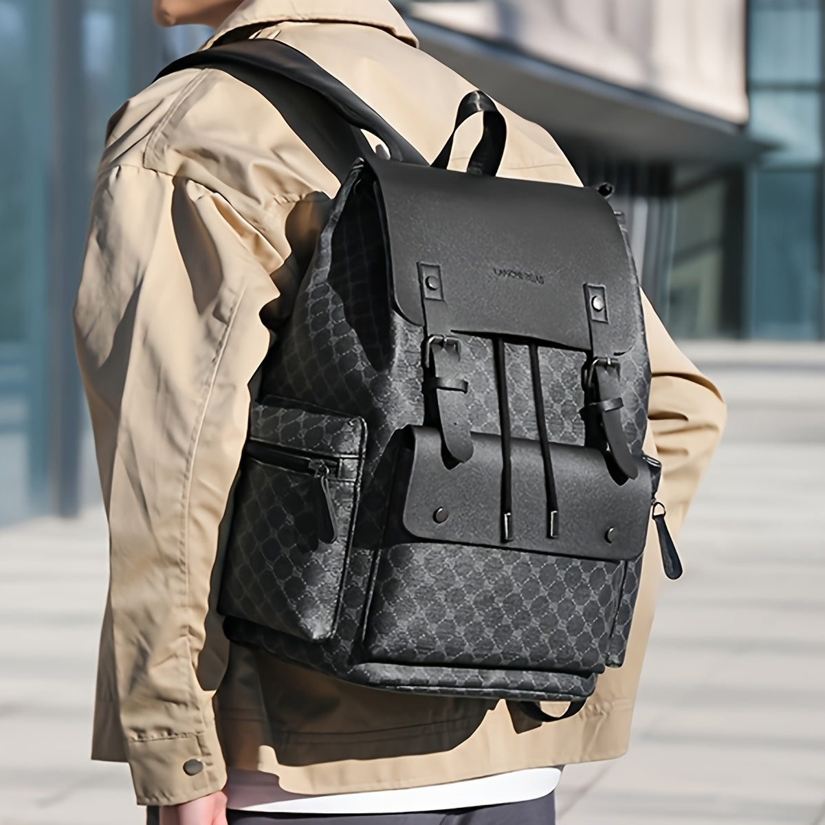 Men's Retro Geometric Print Drawstring Backpack - Casual British Style Durable Fabric with Multiple Compartments Padded Straps for Daily Commute, Work, Travel, Backpack for Travel, Modern Logo Design, Highquality Straps, Ur