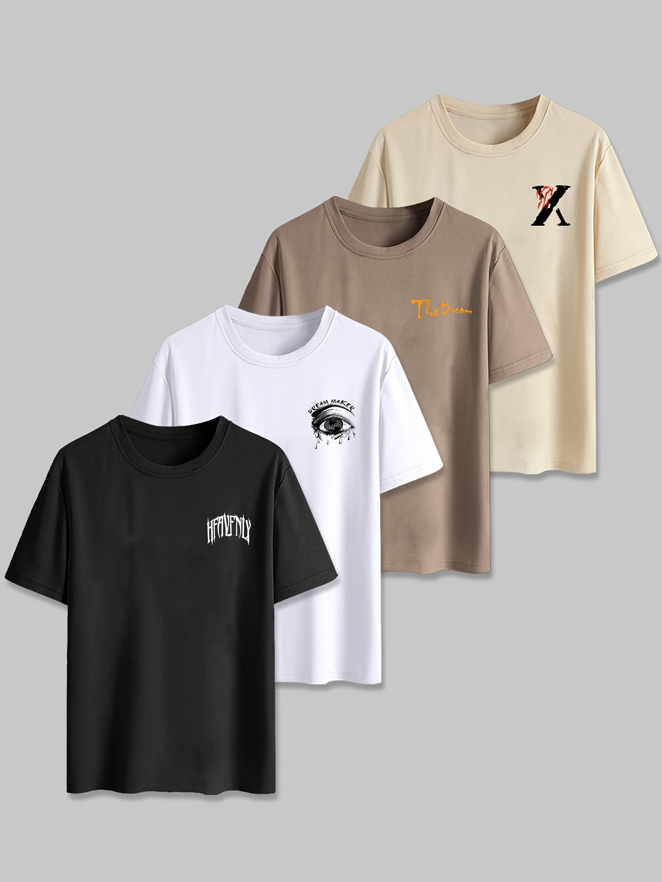 4pcs Men's Graphic Tees - "Heavenly" More Designs, Casual Crew Neck Short Sleeve T-Shirts in Beige, Black, White - Lightweight Polyester for Summer Outdoor Wear