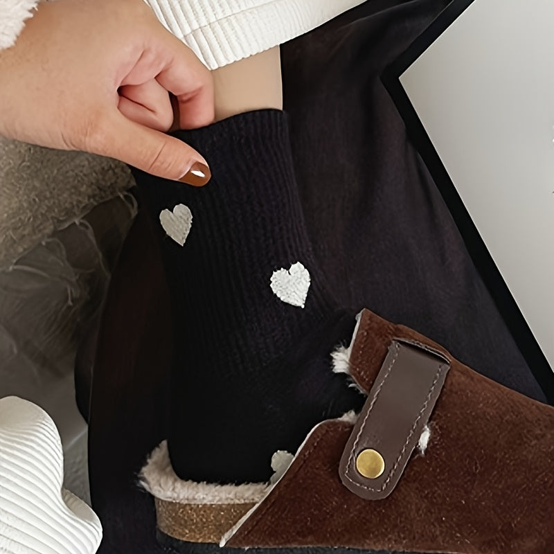 5 Pairs Cozy Women'S Knee-High Socks with Heart Pattern - Polyester and Spandex Blend, Knit Fabric, Machine Washable