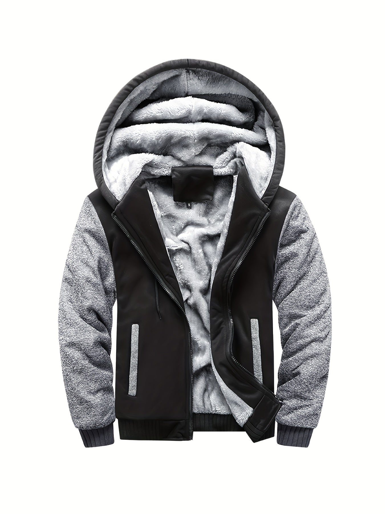 Color Block Sherpa Lined Men's Hooded Jacket, Casual Long Sleeve Hoodies With Zipper, Gym Sports Hooded Coat For Winter Fall