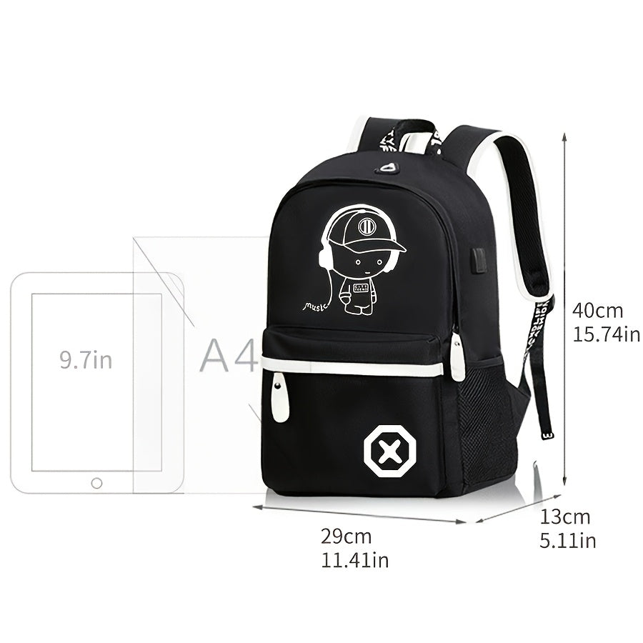 Glow-in-the-Dark Men's Backpack - Stylish & Lightweight, Large Capacity Oxford Fabric Daypack with USB Charging Port for Daily Commute, Campus, Cartoon, High School