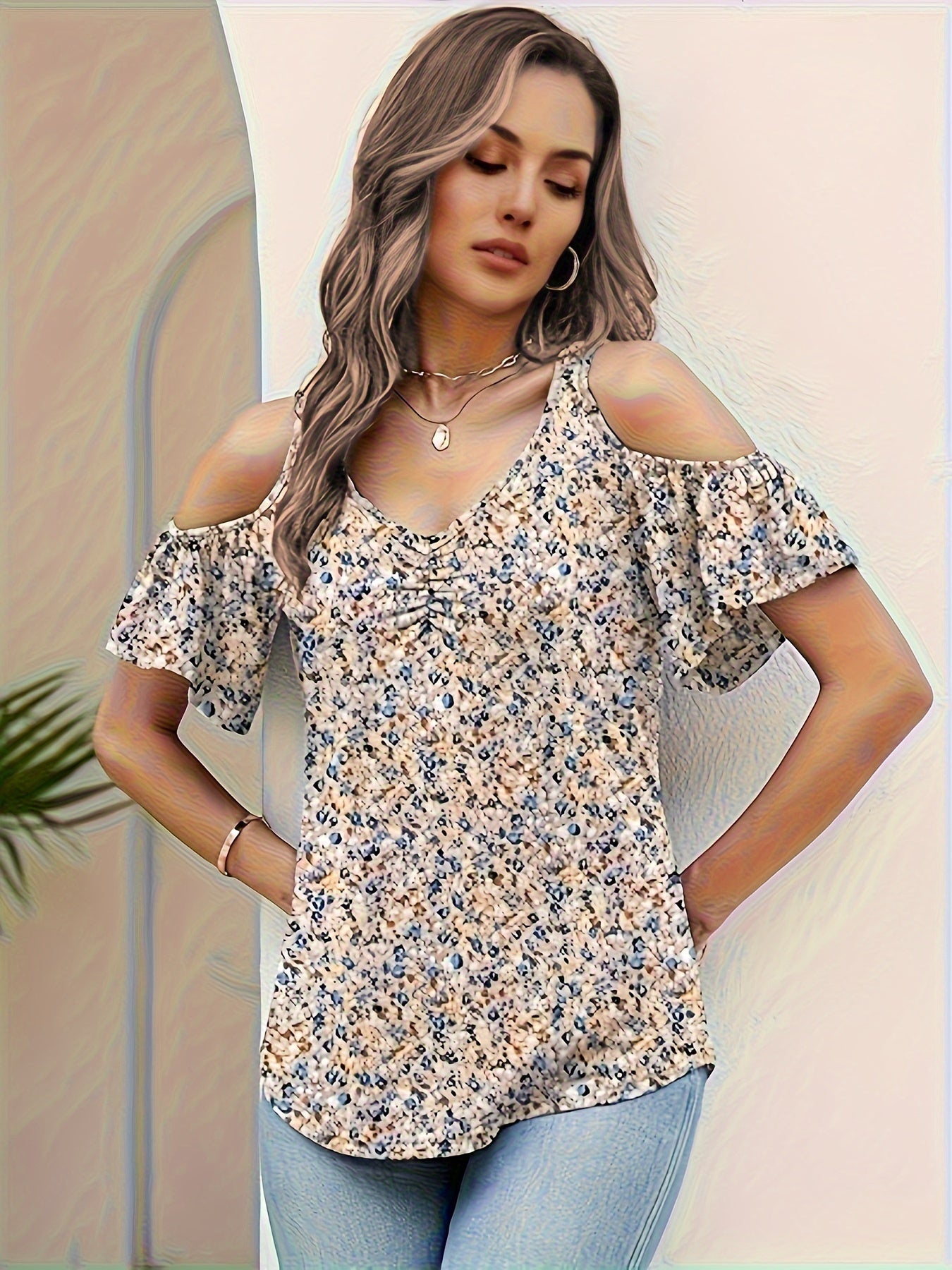Women'S Summer V-Neck Pleated Floral Print Sexy Off-Shoulder T-Shirt
