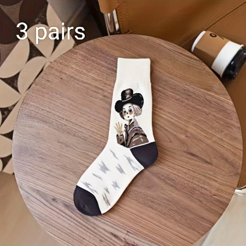 1/3/6 Pairs of Autumn and Winter Warm Retro Oil Painting Style European and American Personality Color Versatile Women's Socks