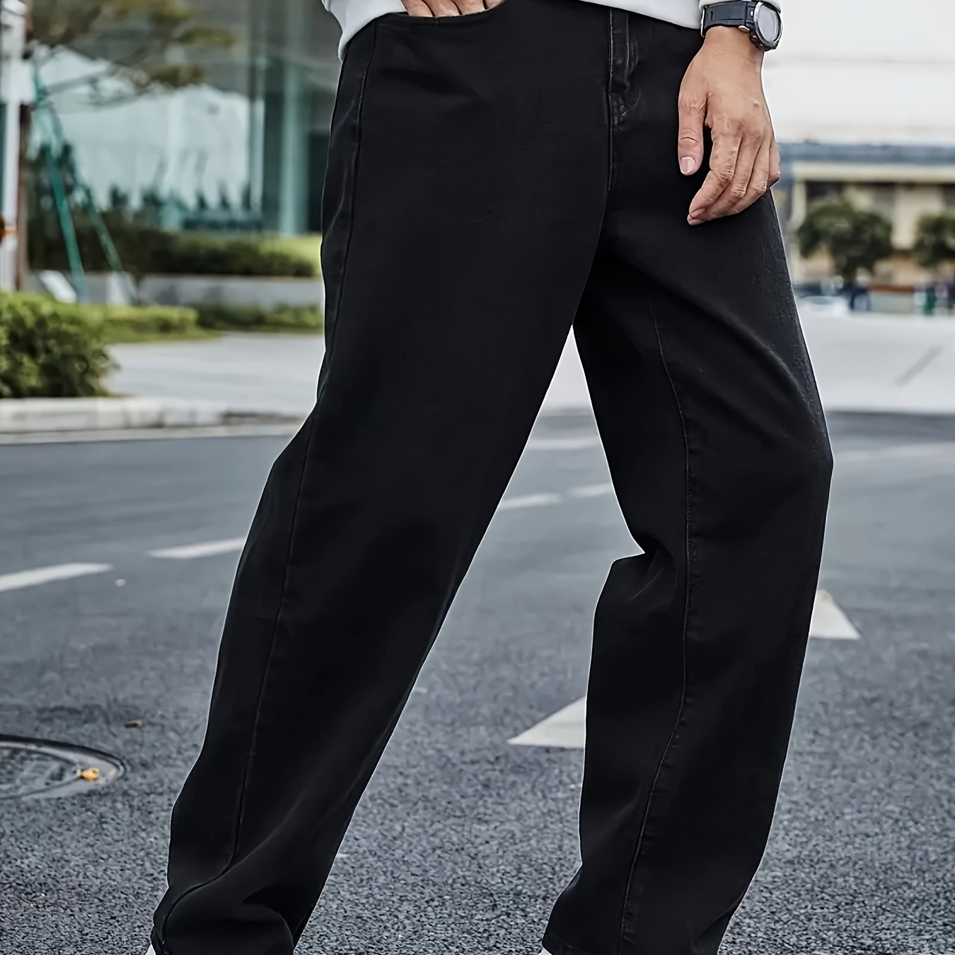 Men's Classic Straight Leg Denim Jeans - Loose Fit, Cotton Blend, Solid Color Black, Street Style, Comfortable & Versatile for All Seasons, Casual Streetwear|Street Style Pants|Nonstretch Fabric