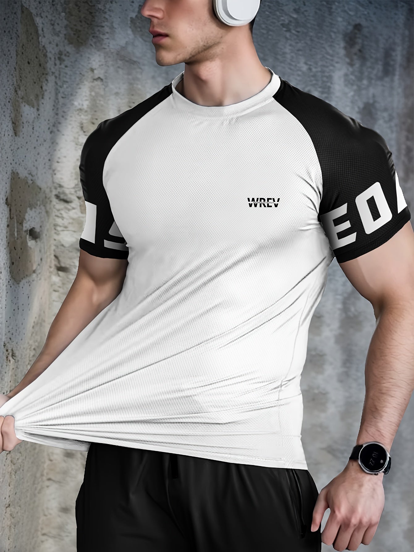 Men's Quick-Dry Breathable Mesh Sports T-Shirt - Summer Gym Workout Top with Contrast Black White Sleeves for Man Letter Print, Slim Fit for Running Training Casual Wear, Breathable Running Gear Sporty Casual Tee Mesh