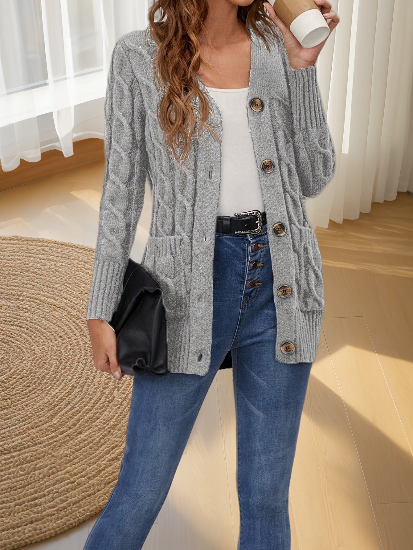 Elegant Women's Cable-Knit Cardigan - Cozy Button-Up V-Neck Sweater Jacket with Pockets, Long Sleeves in Heather Gray, 100% Polyester, Machine Washable for Fall/Winter