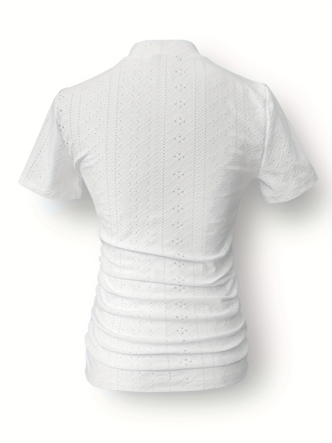 Solid Color Eyelet Mock Neck T-shirt, Elegant Ruched Short Sleeve Slim Fit Top, Women's Clothing