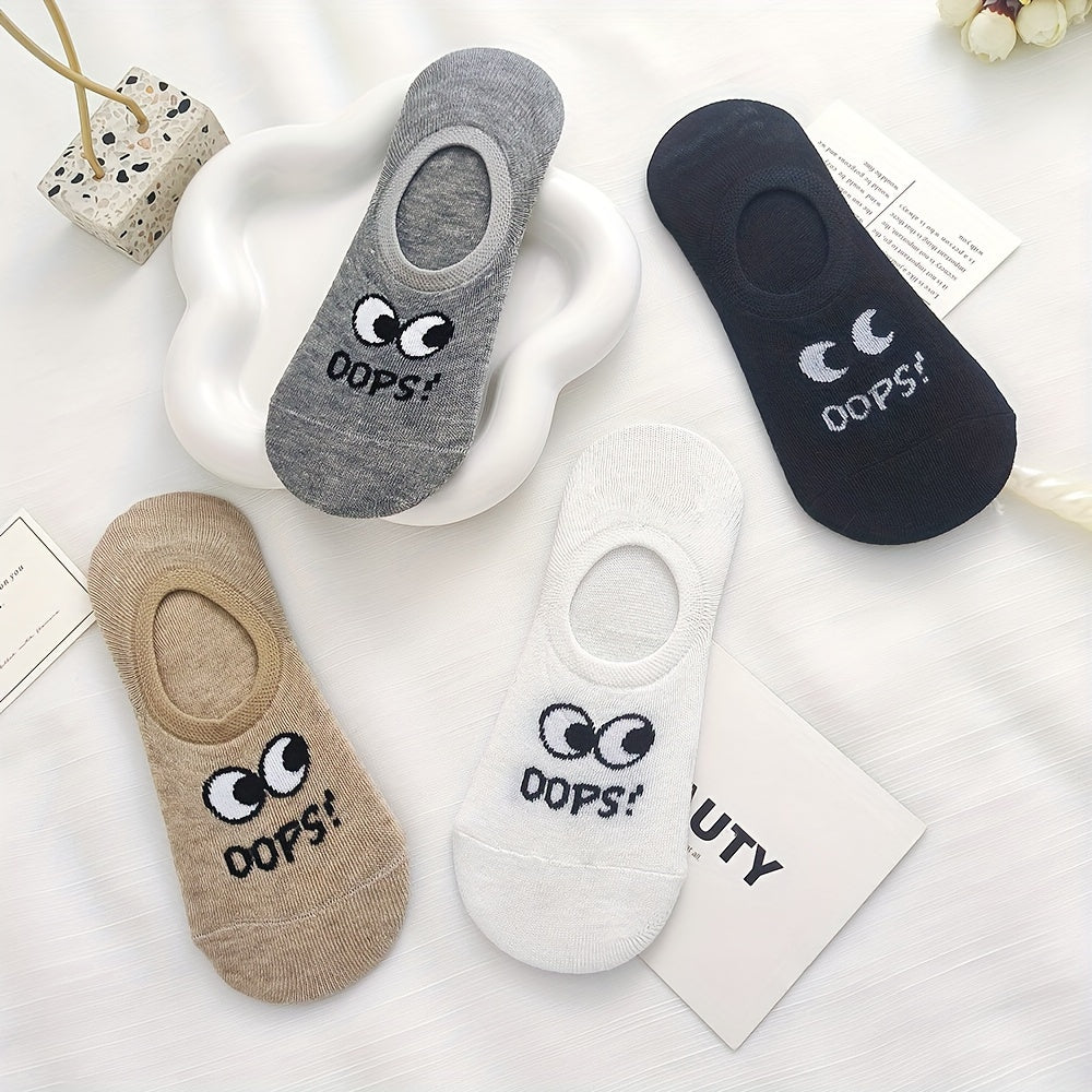 4 Pairs of Women's Boat Socks, Thin Spring and Autumn Style Cute Big Eyes Female Solid Color Anti-slip Invisible Socks Couple Models