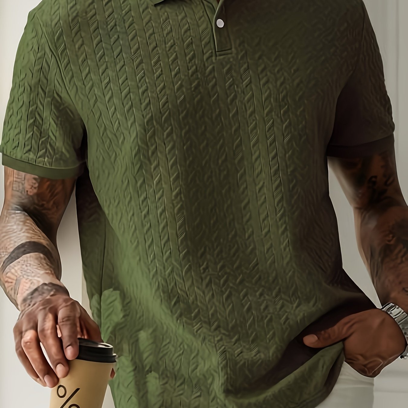 Men'S Casual Black Short Sleeve Polo Shirt with Textured Diamond Pattern - Polyester, Button-Up, Regular Fit for Summer, Casual Attire|Textured Pattern Shirt|Polyester Fabric