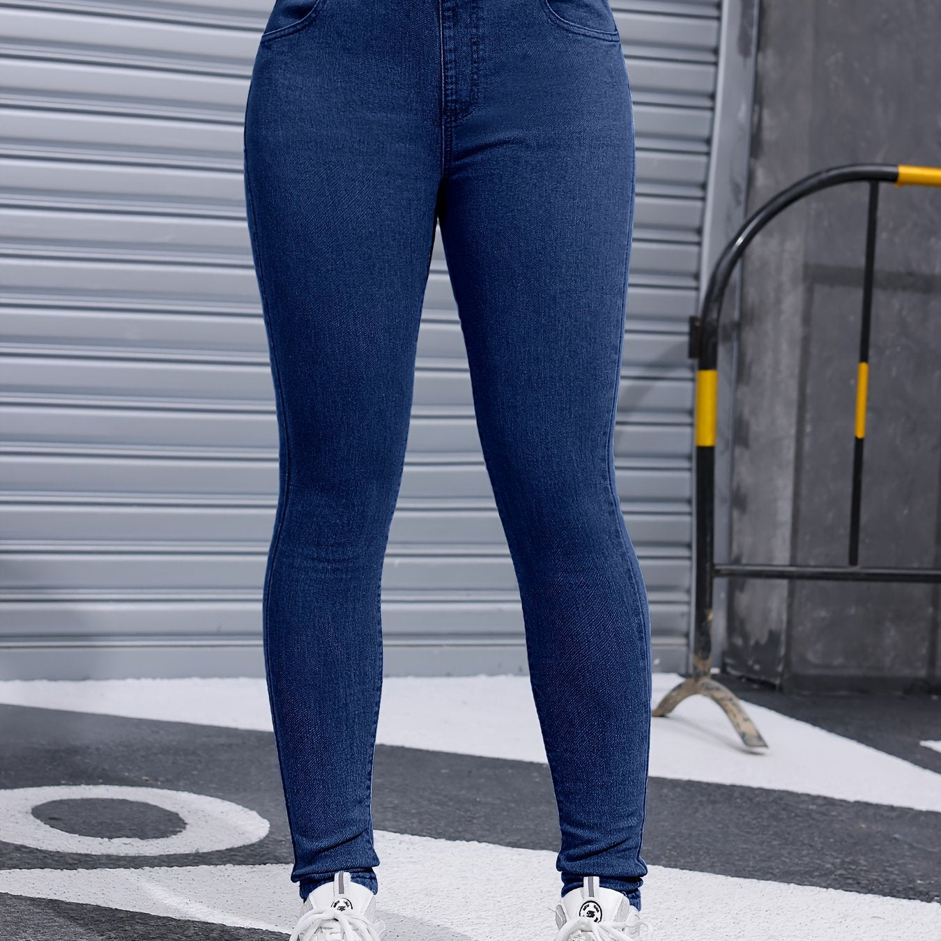 Women's Fashionable Dark Blue Skinny Jeans - Stretch Denim with Elastic Waistband, Comfortable and Elegant, Non-Transparent Blend